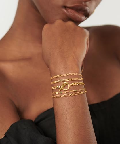 DEARMAY Gold Bracelets for Women Trendy, 14K Dainty Gold Plated Jewelry Sets for Women Waterproof Stackable Cuban Link Toggle Clasp Figaro Chain Bracelets Stack Fashion Accessories4
