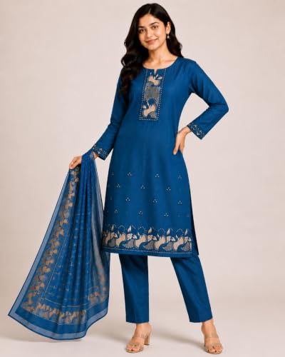 Image of KD Women Embroidery Rayon Kurta Pant Set with Dupatta | Kurta Set for Women | Daily Office & Festive Traditional | Stylish Kurti Pant Set with Dupatta