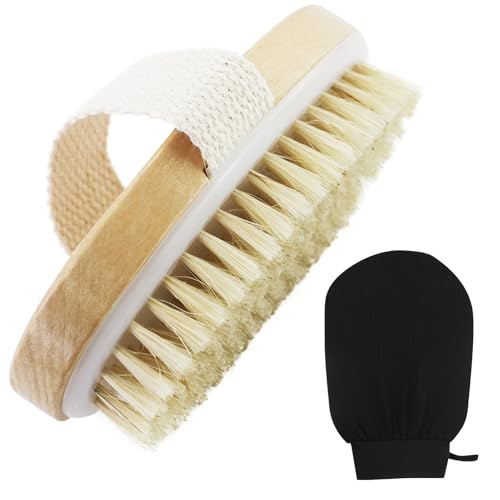 Brosse à sec pour le corps et Gant Exfoliant Corps Set, Brosse exfoliante physique, Brosse masseuse pour le drainage lymphatique, brosse de bain à poils naturels