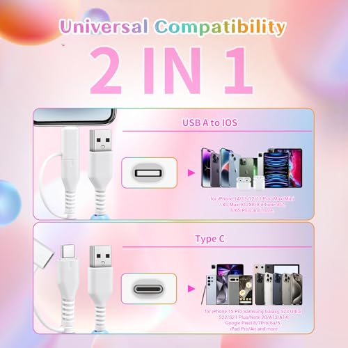 Image of Aolcev USB C Cable 2 in 1 USB A to USB C Fast Beaded Charging Cord 3.3FT | 66W for iPhone Charger Multi USB Type C Charger Cord for iPhone 17 16 15 14 13 12 Pro Max Galaxy S26 S25 Ultra iPad Colored