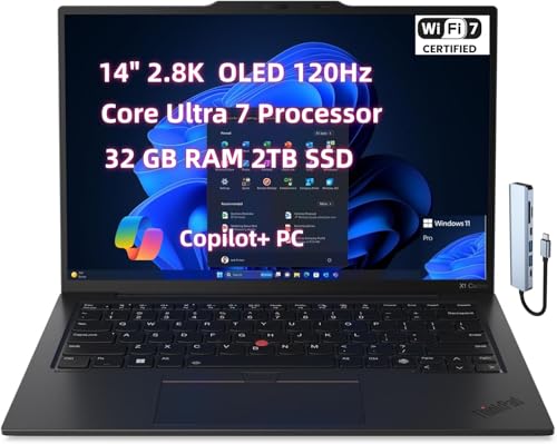 Image of NewLenovo ThinkPad X1 Carbon Gen 13 Aura Edition Laptop, Core Ultra 7, 14 inch 2.8K (2880 x 1800) OLED 120Hz, 32GB DDR5, 2TB SSD Gen 5, 1080p IR Camera, Backlit KB WiFi 7, w /USB-C Hub, Win 11 Pro - Black