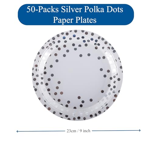 50 Pack 9 Inch (23cm) Paper Plates - White & Silver Polka Dot Design for Wedding, Anniversaries, Christmas and Events, Silver Party Decorations - Image 3