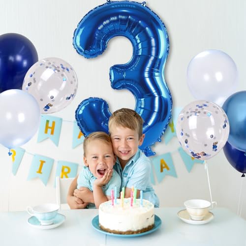 Image of Navy Blue 3rd Birthday Balloon - Giant Self Inflating Number 3, Metallic Dark Blue Silver Confetti Helium Balloon, Foil 40 Inch Three for Boys 3 Year Old Birthday Party Anniversary Decor