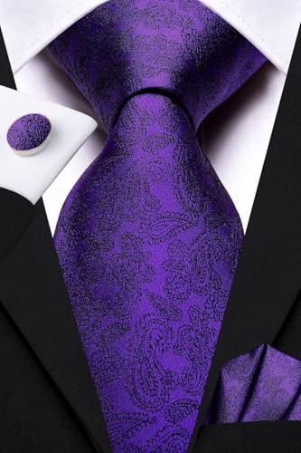 Image of Dubulle Mens Paisley Floral Silk Tie for Men Striped Necktie and Pocket Square Cufflinks Set Wedding Business