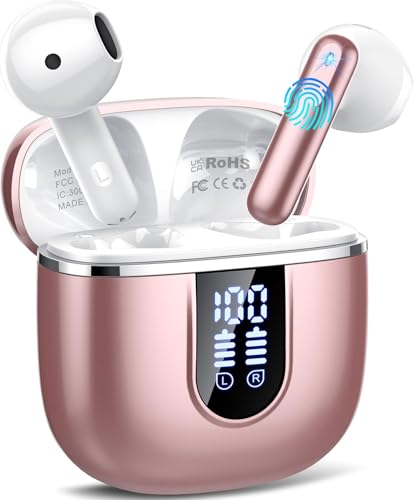 Auriculares Inalambricos Bluetooth, Auriculares Bluetooth 5.4 HiFi Estéreo con HD Mic, 40H Cascos Inalambricos con Reducción de Ruido ENC, Pantalla LED, IP7 Impermeablem Cascos, Ajuste Cómodo, Rosa