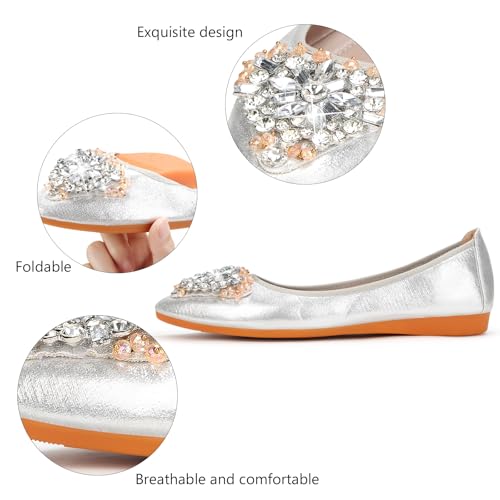 Image of KUNWFNIX Women Ballet Flats Rhinestone Wedding Ballerina Shoes Foldable Sparkly Comfort Slip on Flat Shoes