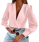 Women's Business Casual Tops Satin Silk Long Sleeve Button Down Shirts V Neck Chiffon Work Blouses Pink