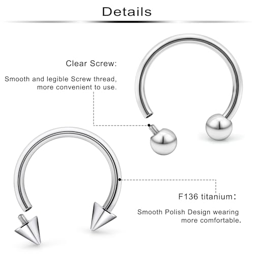 Ftovosyo Anel de septo de titânio para mulheres e homens, 20 g, 18 g, 16 g, anéis de septo roscados