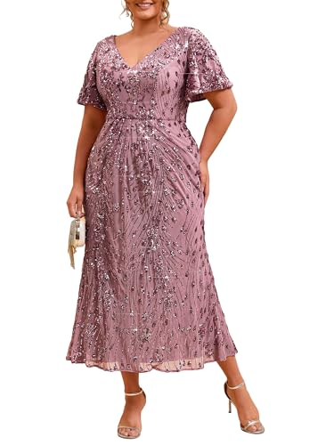 Image of Ever-Pretty Plus Women's Sequin V Neck Plus Size Prom Dress Mermaid Formal Cocktail Evening Dresses for Curvy Women