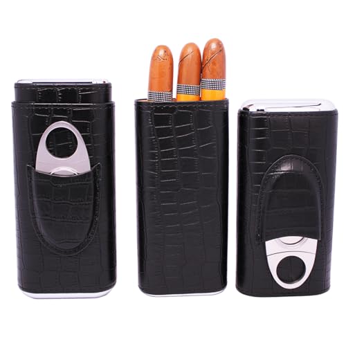 3 Tubes Classic Black Crocodile Pattern Leather Cigar Case Humidor with Cedar Wood Lined in Gift Box, Cigar Cutter Contained - Image 3