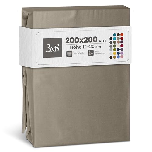 Bettwaesche-mit-Stil Mako Satin Spannbettlaken Spannlaken Spannbetttuch (200 cm x 200 cm, Matratzenhöhe 12-20 cm, Braun/Taupe)