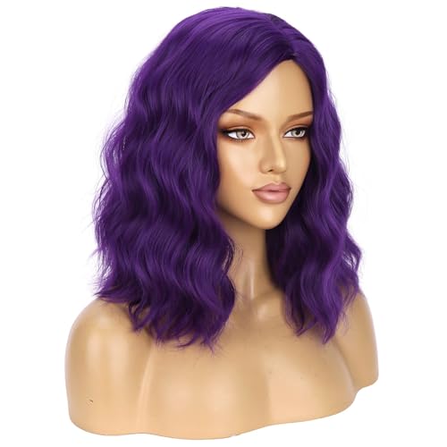 Image of BERON Purple Short Wig Women Girls Curly Wavy False Hair Wigs Body Costume Cosplay Daily Party Heat Resistant Synthetic Wigs