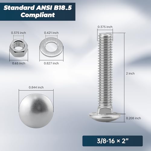 Image of 3 /8-16 x 2 Inch Carriage Bolt Kit, 304 Stainless Steel (18-8) with Hex Nuts & Flat Washers - 8 Sets, Round Head Square Neck, Full Thread Coverage by Glvaner
