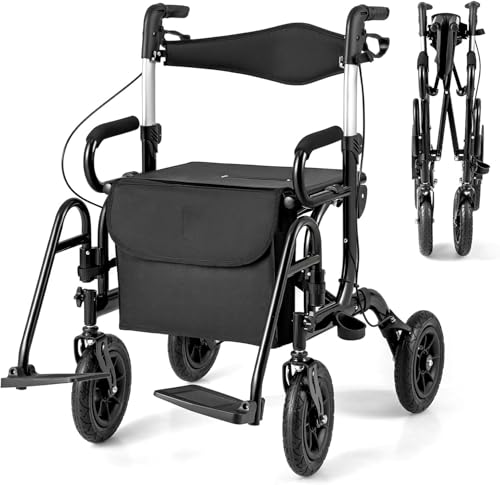 RELAX4LIFE Déambulateur 4 Roues Pliable Léger | Rollator 4 Roues Tout Terrain | Dossier Réversible | Siège Temporaire | Panier | Hauteur Réglable | Déambulateur Pliable pour Personnes Âgées (Noir)