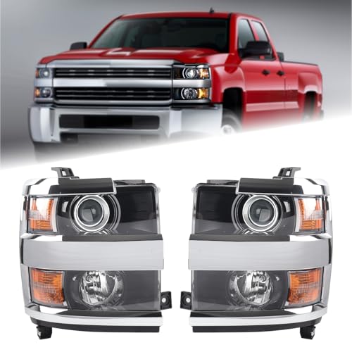 Duolctrams Pair Chrome Projector Headlight Headlamp Assembly Compatible for 2015-2019 Chevy Silverado 2500HD 3500HD GM2502416 GM2503416