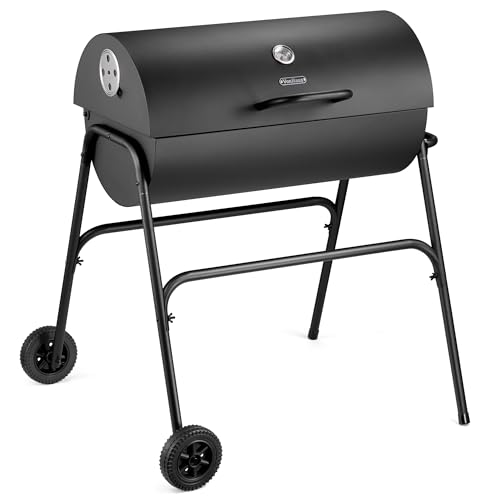 VonHaus Charcoal BBQ Portable Barrel Barbecue with Warming Rack Temperature Gauge Wheels Large Cooking Grill Air Vents 2 in 1 Barbeque and Smoker Grill Meat Fish & Vegetables