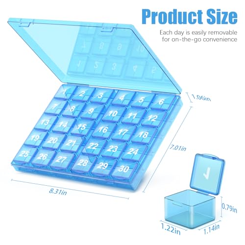 Image of Monthly Pill Organizer Once a Day - 30 Day Pill Organizer Box - Squeeze to Open - Large Compartments Portable Case for Travel, Month Pill Cases Medicine Organizer for Vitamin (Blue)