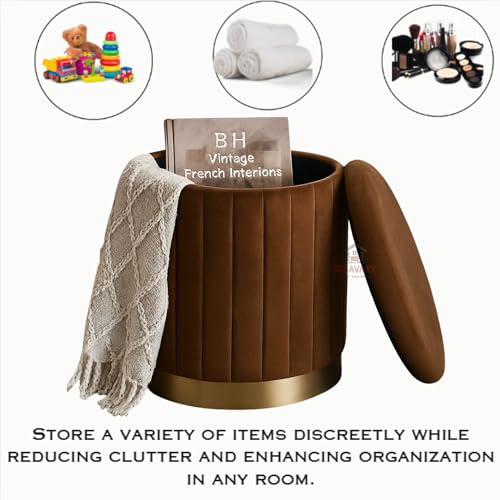 Image of Round Velvet Luxurious Storage Ottoman, Pouf with Storage Vanity Stool Chair,Upholstered Foot Rest Stool with Gold Strip Base for Living Room or Bedroom (Coffee, Medium- 36Dx36Wx40H)