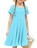 Arshiner Little Girls Short Sleeve A Line Casual Skater Dress, Blue, 140(Age for 10-11Y)