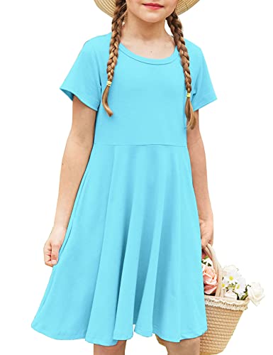 Arshiner Little Girls Short Sleeve A Line Casual Skater Dress,Blue,130(Age for 8-9Y)