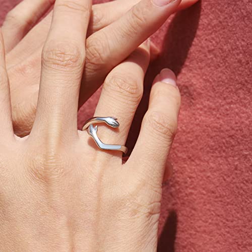 Hug Ring For Women Sterling-Silver Adjustable - White Gold Plated Hand Hugging Hug Rings For Teen Girl Women Mens Mom And Daughter Mother's Day Birthday Holiday Jewelry Gift(I Love You Mom)5-8# #TOP1