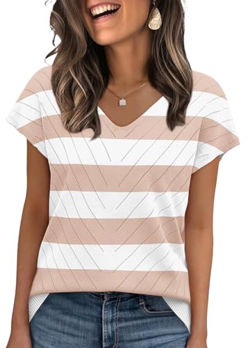 Image of WIHOLL Short Sleeve Sweater for Women V Neck Trendy Summer Tops 2026 Beach Vacation Clothes Travel Business Casual Outfits