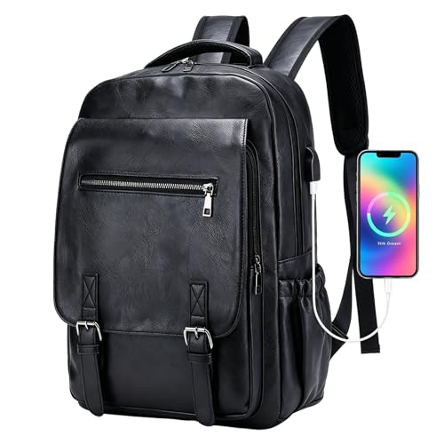 Image of Lumavox Laptop Backpack Mens Travel Backpack with USB Charging Port, 15.6 inch Leather Laptop Rucksack for Men Water Resistant Travel Rucksack Daypacks, Black