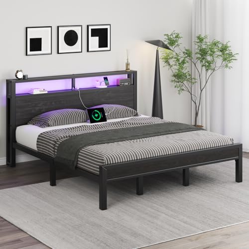 Image of LOEWAY King Size Bed Frame with Storage Headboard, Industrial Platform Bed with Charging Station and LED Lights, Heavy Duty Metal Slats, No Box Spring Need, Noise Free, Black
