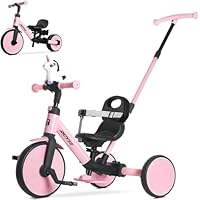 RIDYEE 5-in-1 Toddler Tricycle for Ages 1.5–3, Parent Steering Push Trike, Tool-Free Convertible to Balance Bike, Safety Belt, Removable Backrest and Footrest, Ride-On Toy for Boys & Girls, Pink