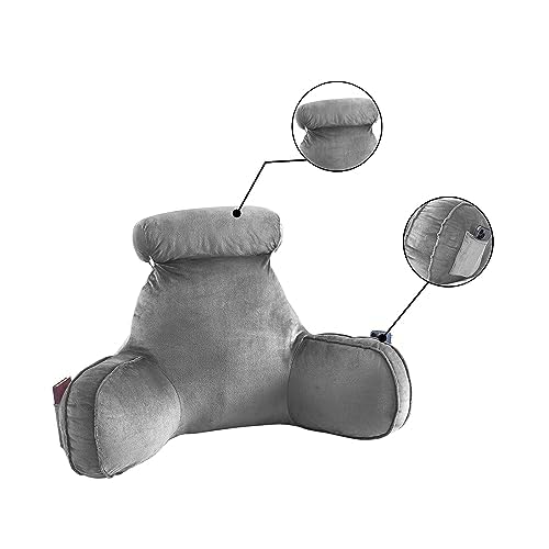 Extra Large Reading Pillow for Bed - Bed Pillow with Arms - Back Rest Pillow - Sit Up Back Pillow for Sitting in Bed - Watching TV - Chair Pillow - Bed Chair for Back Support - Light Grey