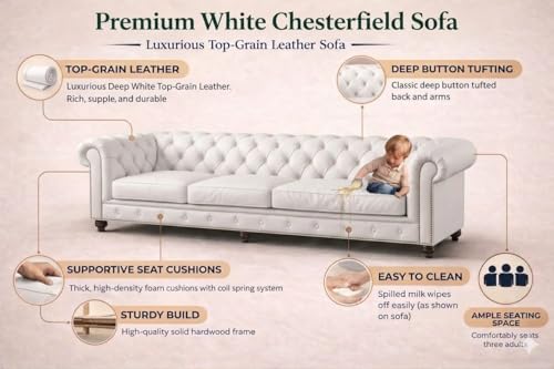 Image of Modern Classic Design Leatherette Luxury Chester Sofa Set with Button Tufted, Sofa for Living Room Home, Office and Lobby (White, 3 Seater Sofa)