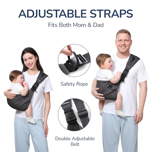 Image of Baby Sling Carrier with Wide Shoulder Padding, 100% Cotton | Adjustable Waist Strap, Ergonomic Hip, Storage Pocket, Hands-Free & Comfortable, for Toddlers 4-36 Months (8-35 lbs)