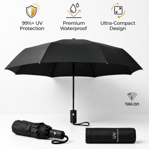Image of UV Protection Compact Folding Umbrella for Men & Women || Windproof, Waterproof Travel Umbrella with Storage Case || Sun & Rain Protection || Lightweight Portable Umbrella