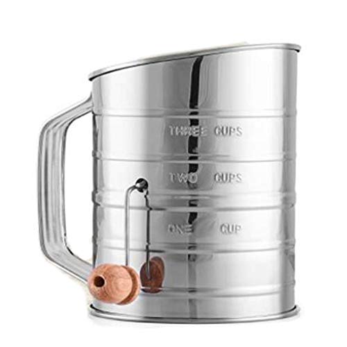 Hztuang 3 Cup Stainless Steel Flour Sifter - Fine Mesh Rotary Hand Crank Flour Sifter with Agitator Wire Loop for Baking Cakes