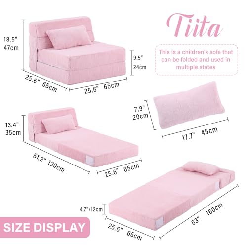 Image of Tiita Convertible Folding Kids Sofa Bed with Pillow & Storage Bag, Plush Fabric Floor Mattress Couch Bed, Washable Cover, Kids Room, Playroom, Dorm, Apartment, Pink