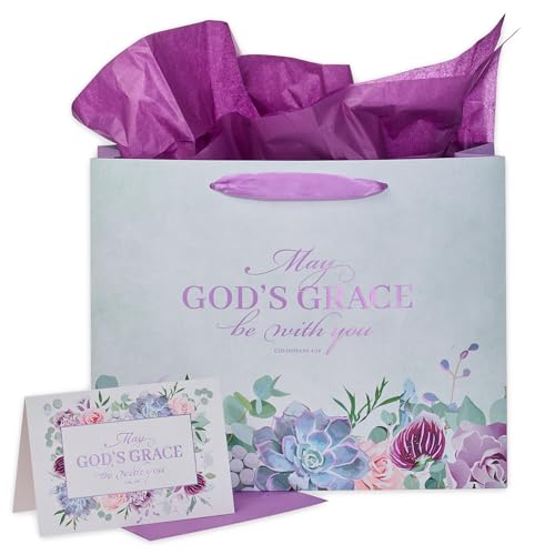 Christian Art Gifts Landscape Gift Bag with Card and Tissue Paper Set - God's Grace - Colossians 4:18 Inspirational Bible Verse, Purple/Blue, Large