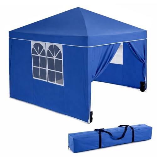 Carpa Cenador Gazebo Plegable 3 x 3 m Azul | Mejores Tubos de Acero de Alta Resistencia, Antiviento, 4 Bolsas Arena, Protección UV| Paredes: 2 Ventana + 1 Cremallera + 1 Cerrada| para Exteriores