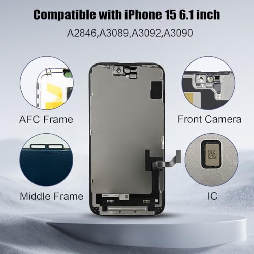 Écran iPhone 15 LCD étanche de 6,1 pouces EFAITHFIX avec cadre numériseur