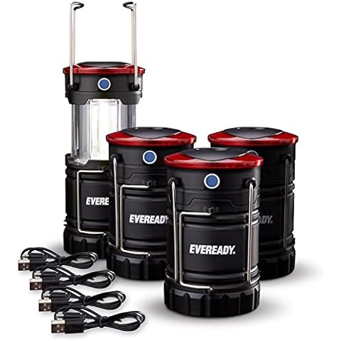 Eveready LED Camping Lanterns (4-Pack), Hybrid Power Rechargeable Collapsible Lantern Flashlights, Ultra Bright Tent Lights for Outdoors, Camping, Fishing, Emergency Black , one Size Cover