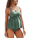 GINKANA Maternity Tankinis Set Ruffled 2 Piece Swimsuits High Waisted Maternity Bathing Suit Swimming Suits Sunbathing Wear,Olive,M