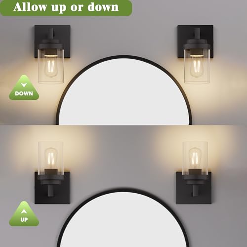 Image of Matte Black Wall Lights, Set of 2 Wall Sconce with Clear Glass Shade, Farmhouse Sconce Lights, Wall Mount Lamp for Bedroom Mirror Living Room