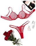 Avidlove Sexy Underwire Fishnet Push Up Mesh Sheer Lingerie Set See Through Panty Bra 2 Piece Deep Red