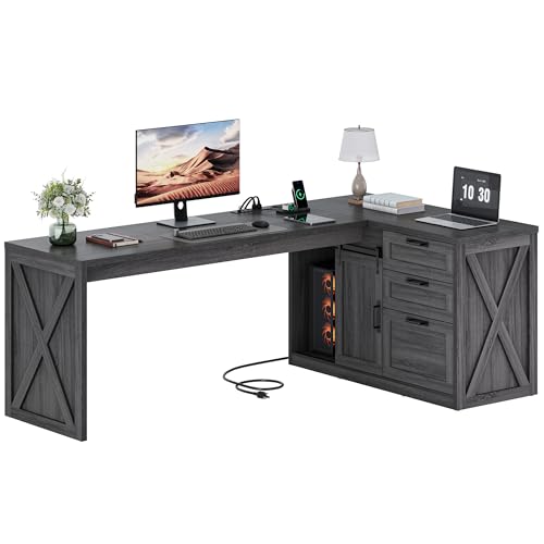 Homiflex Farmhouse L Shaped Office Desk with Drawers 78 Inch L Shape Desk Executive Office Desk with File Cabinet Storage Shelves and Power Outlets for Home Office Dark Grey