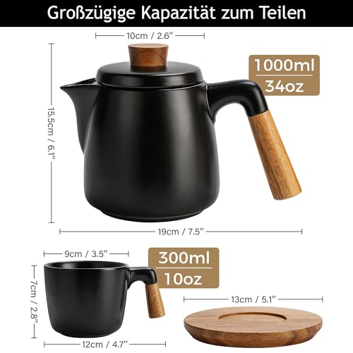 Foto von MIAMIO - 1 Liter Keramik-Teekanne-Set mit Siebeinsatz und Tassen/Teesieb, 4 Keramik-Teetassen (300 ml), Bambus-Untersetzer/Henkel für Haus und Büro (Schwarz)