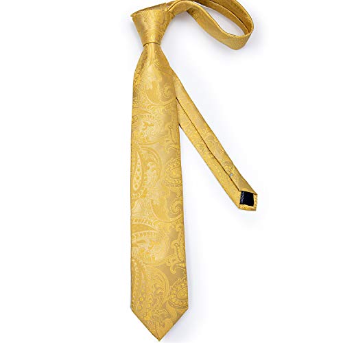 Dibangu Mens Yellow Paisley Necktie And Tie Clip Set,Silk Wedding Tie With Handkerchief Cufflinks Jacquard Gift Tie Set #TOP2