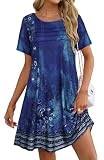 elescat Sundress for Women Casual Loose Summer Short Sleeve Pleated Front Crew Neck T Shirt Dress with Pockets（Blue Floral, M