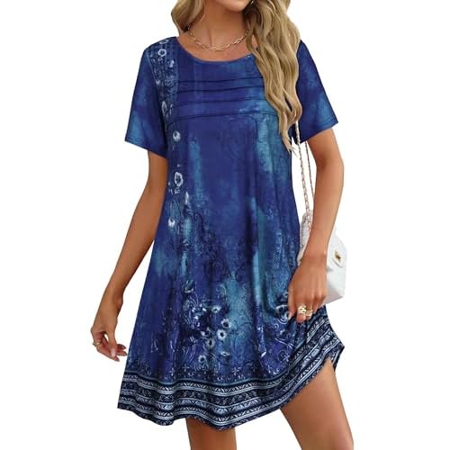 elescat Sundress for Women Casual Loose Summer Short Sleeve Pleated Front Crew Neck T Shirt Dress with Pockets 2026 Small Blue Floral