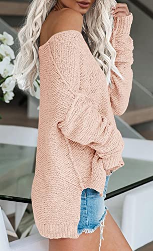 Image of Women's Off Shoulder Knit Sweaters Oversized V Neck Long Sleeve Loose Lightweight Pullover Tops