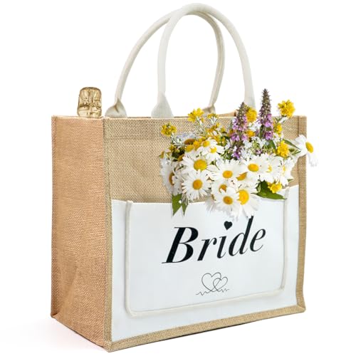 OURISE Jutetasche mit Bride, Frauen Jute Tote Bag, Jga Frauen Accessoires 36 x 32 x 19 cm Einkaufstasche, Geschenk für Brautjungfern, Bride to Be Deko, Damen, Geburtstage, Hochzeit, Valentinstag