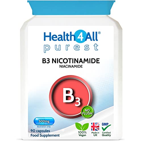 Health4All Vitamin B3 Niacin as Nicotinamide (Niacinamide) 500mg 90 Capsules (V) Purest, No Additives, Vegan, Gluten Free No-Flush Niacin Capsules